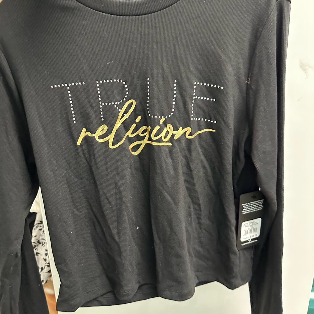 True Religion Black and Gold Crop Top